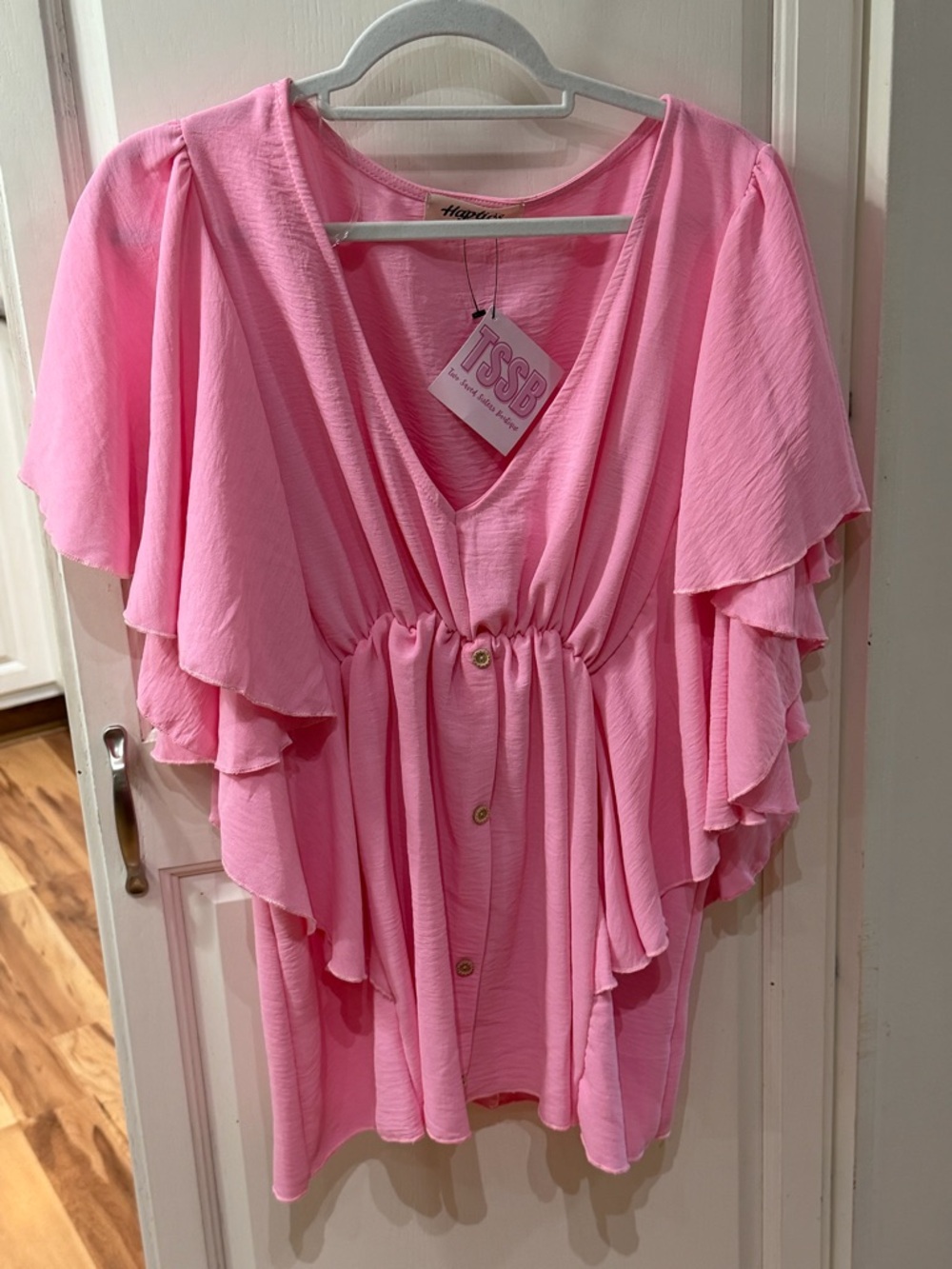 Haptics Pink V-Neck Flutter-Sleeve Tunic with Button Detail